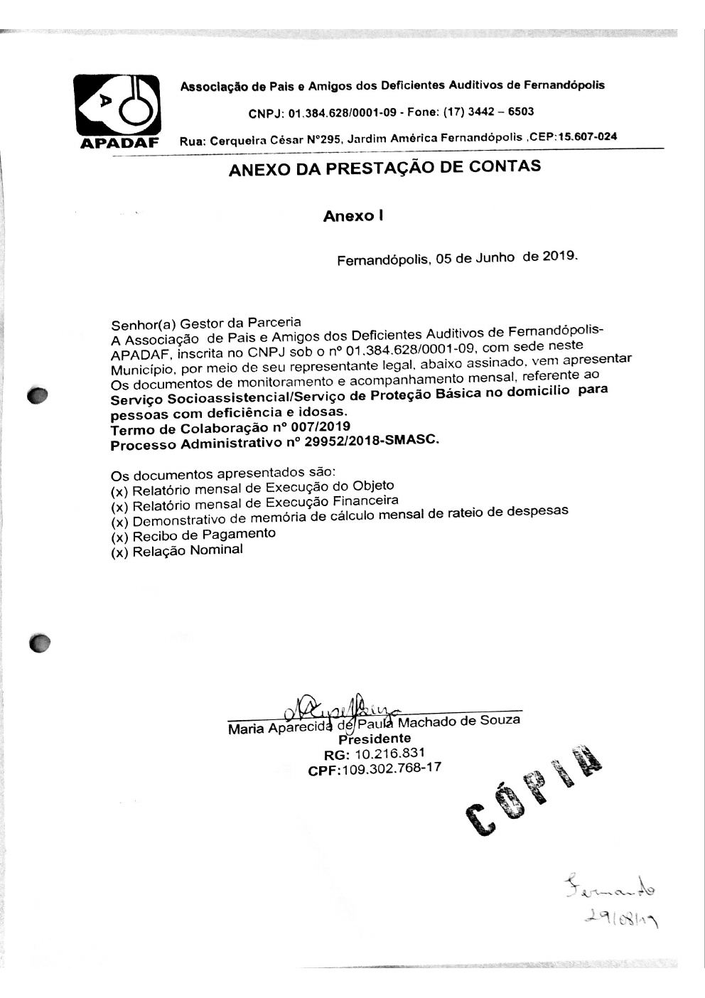 Página 1 de Prestação de Contas Mensal — Proteção Social Básica — 4ª Parcela — Junho/2019