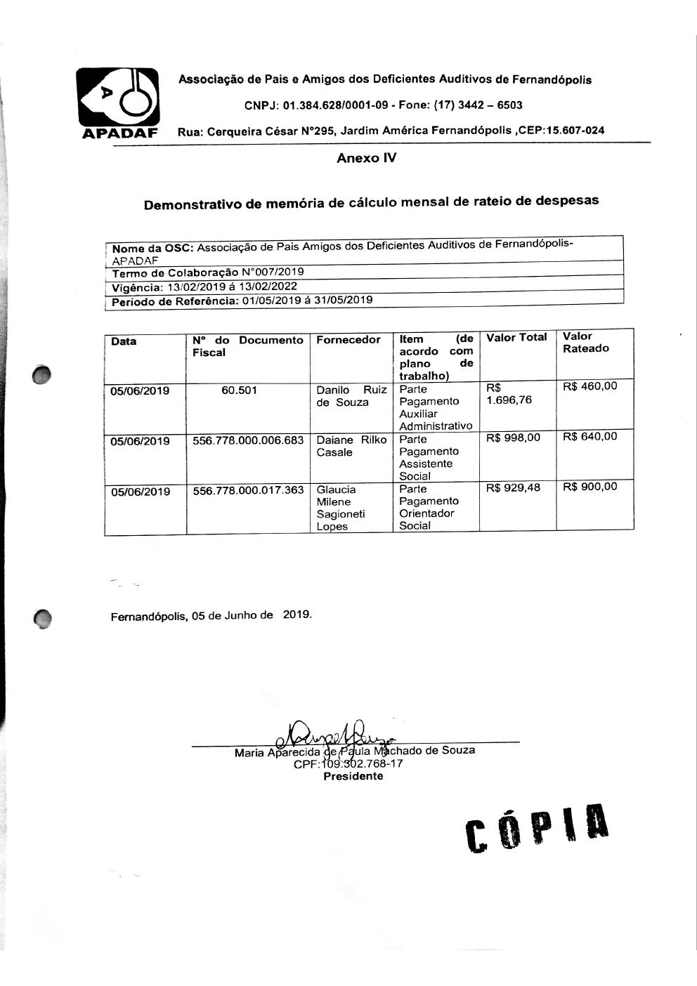 Página 2 de Prestação de Contas Mensal — Proteção Social Básica — 4ª Parcela — Junho/2019