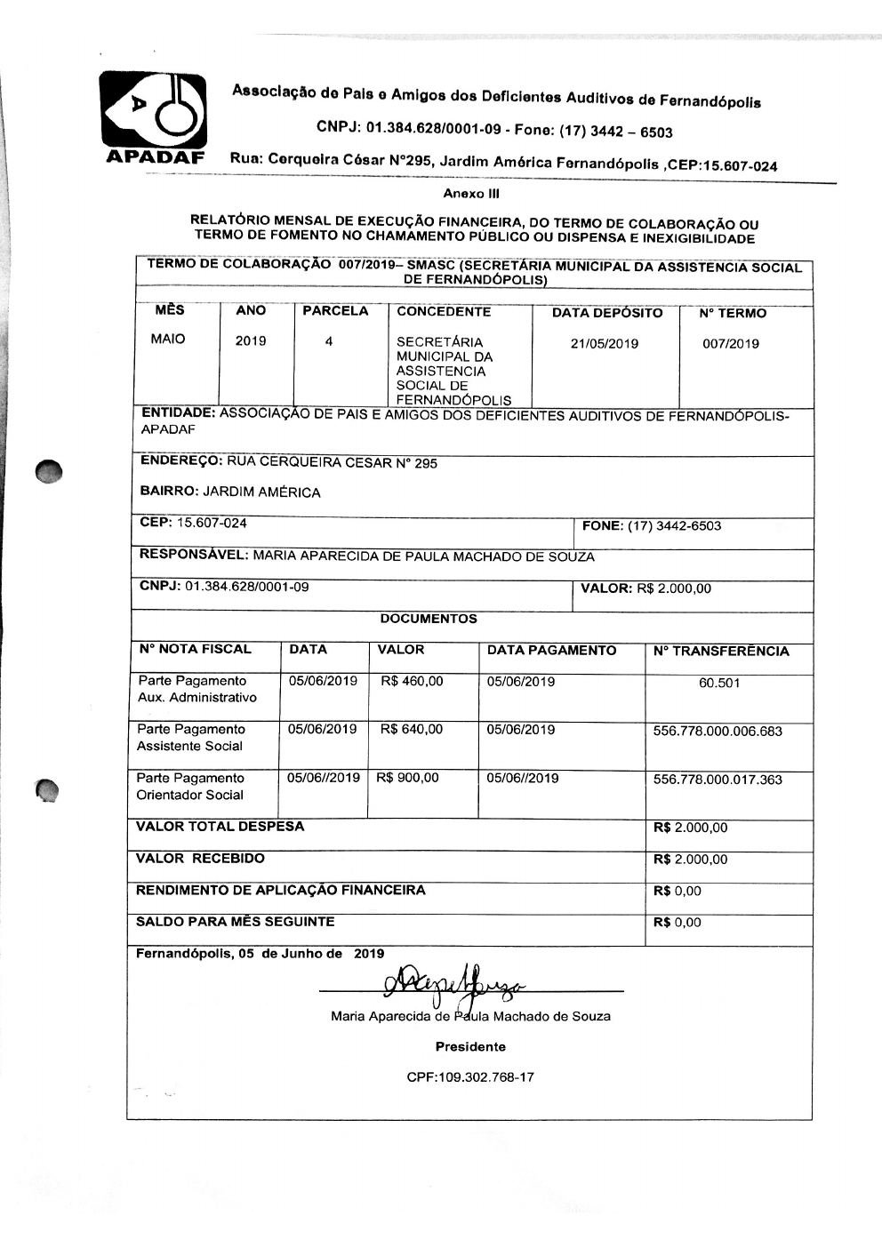 Página 4 de Prestação de Contas Mensal — Proteção Social Básica — 4ª Parcela — Junho/2019