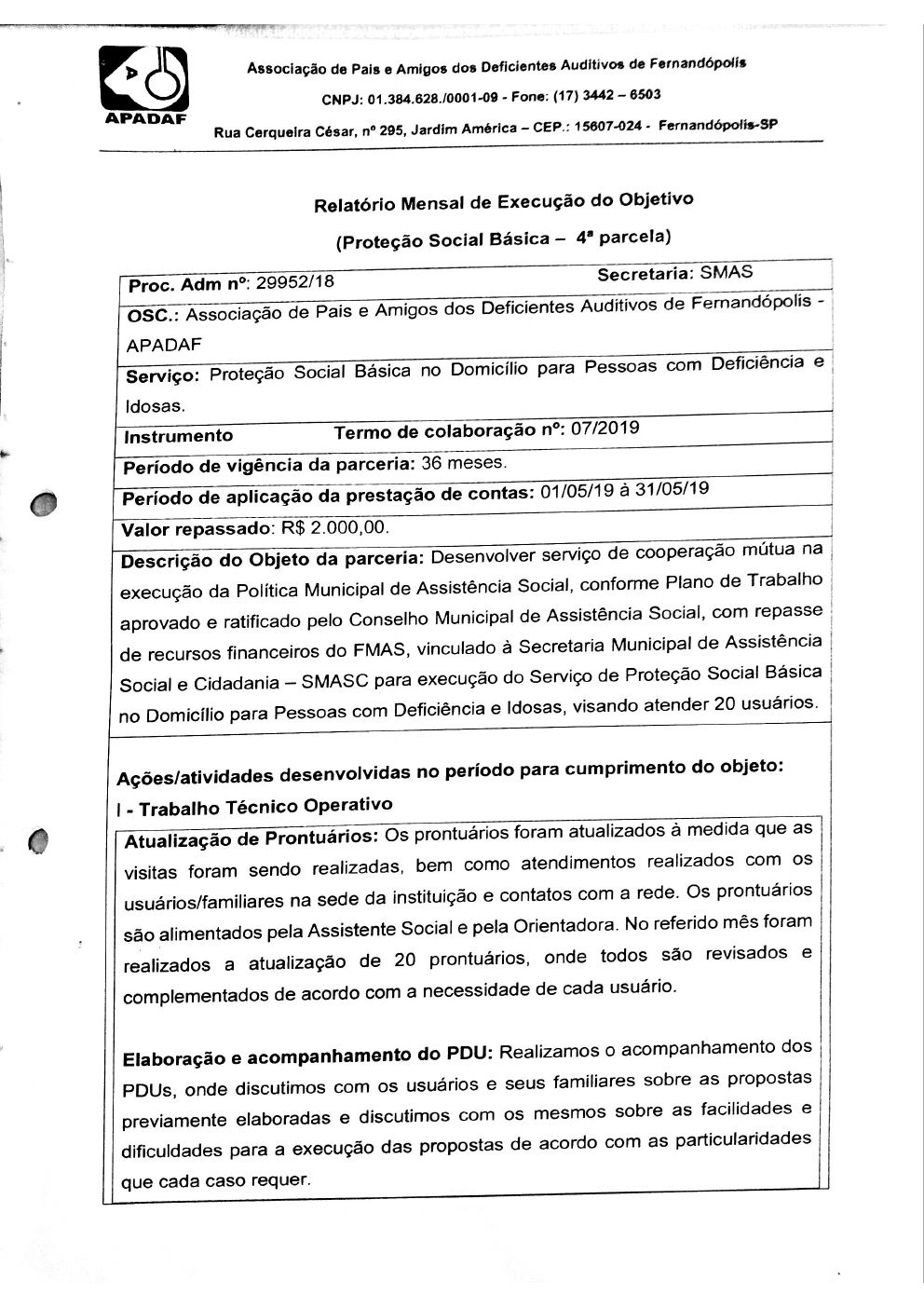 Página 5 de Prestação de Contas Mensal — Proteção Social Básica — 4ª Parcela — Junho/2019