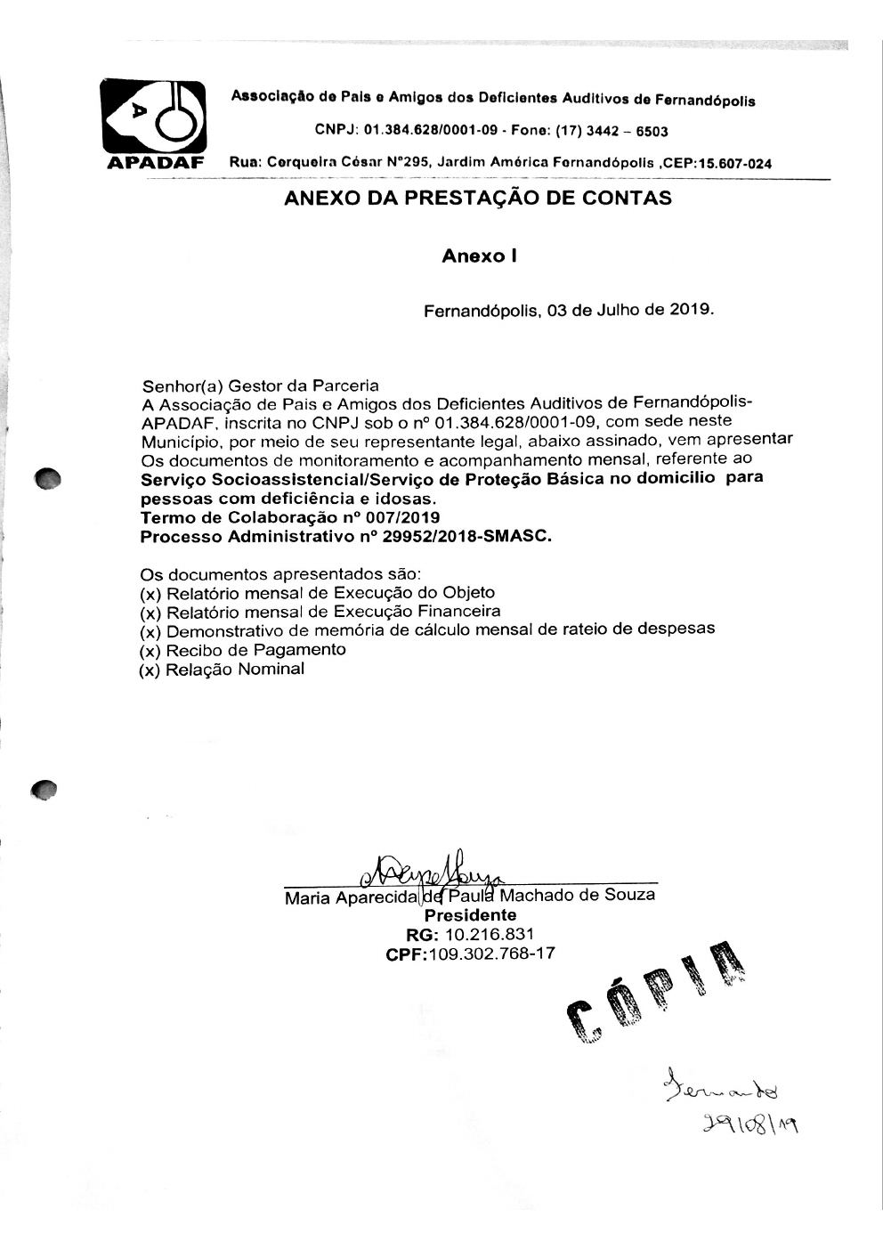 Página 1 de Prestação de Contas Mensal — Proteção Social Básica — 5ª Parcela — Julho/2019
