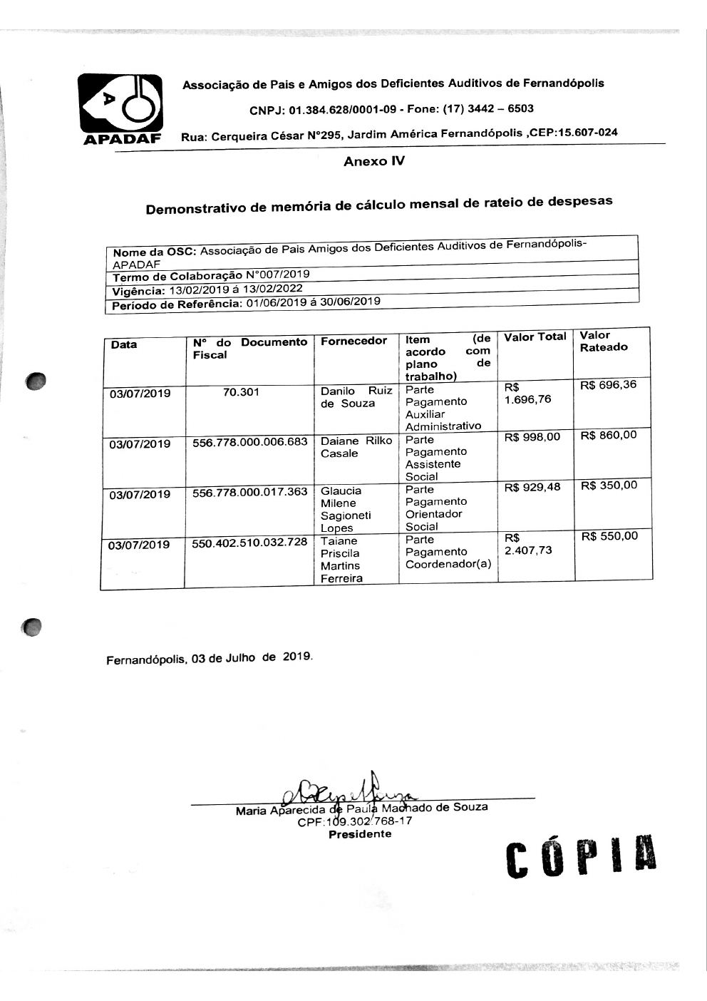 Página 2 de Prestação de Contas Mensal — Proteção Social Básica — 5ª Parcela — Julho/2019