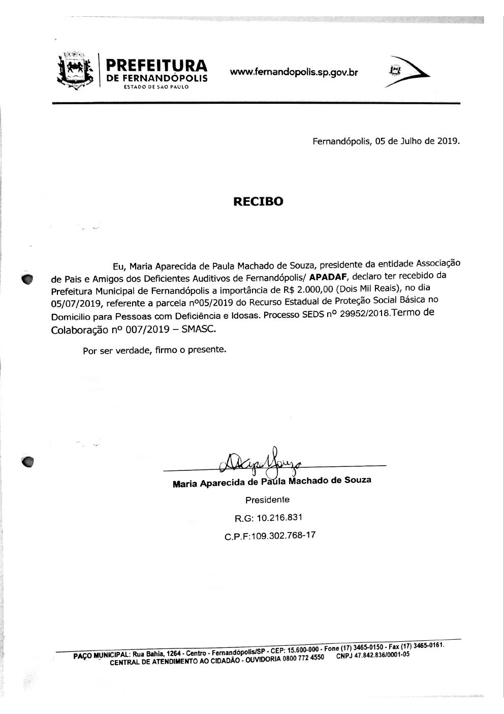 Página 3 de Prestação de Contas Mensal — Proteção Social Básica — 5ª Parcela — Julho/2019