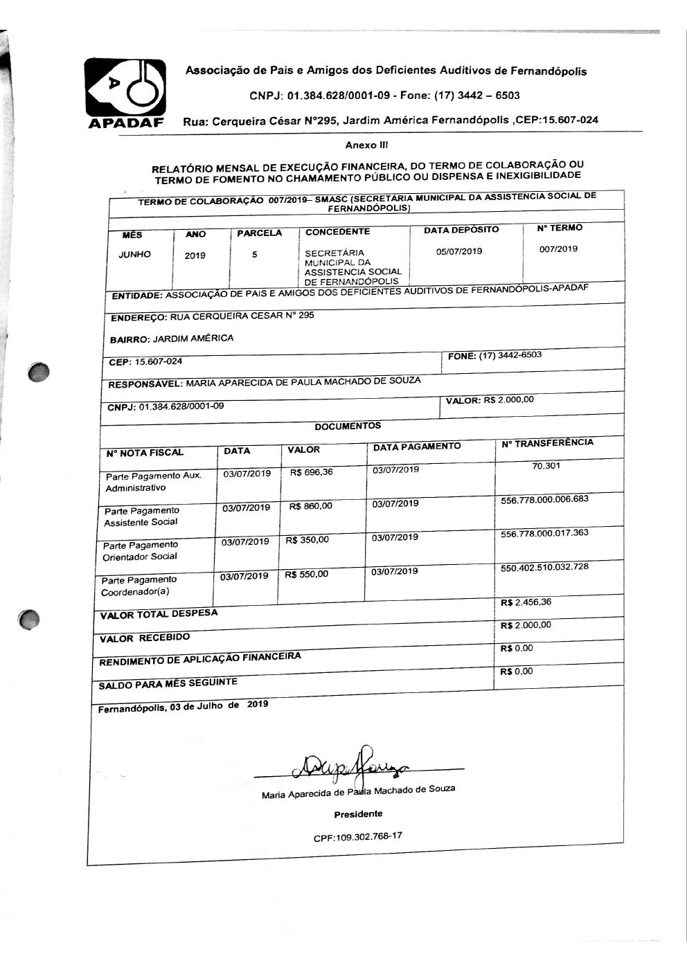 Página 4 de Prestação de Contas Mensal — Proteção Social Básica — 5ª Parcela — Julho/2019