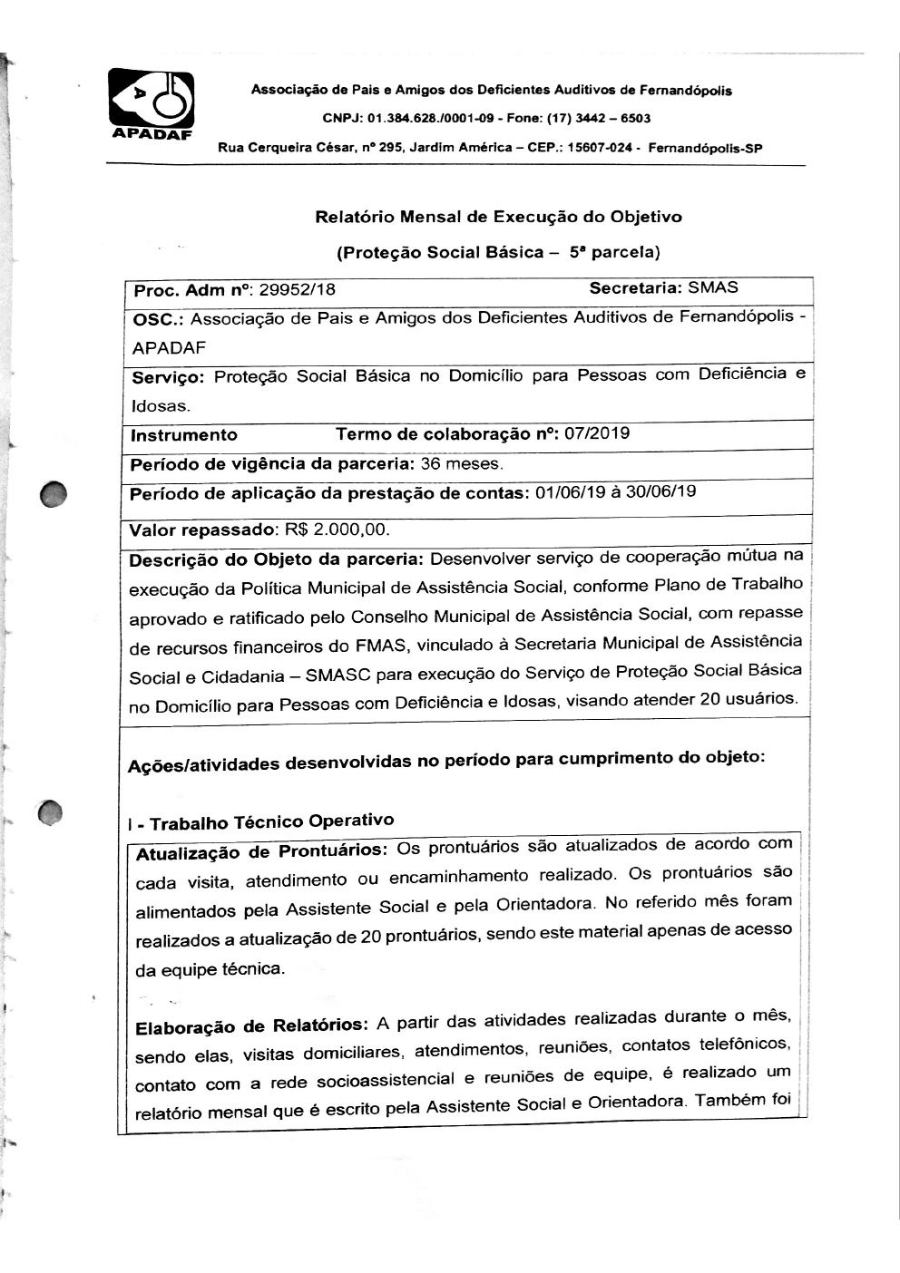 Página 5 de Prestação de Contas Mensal — Proteção Social Básica — 5ª Parcela — Julho/2019