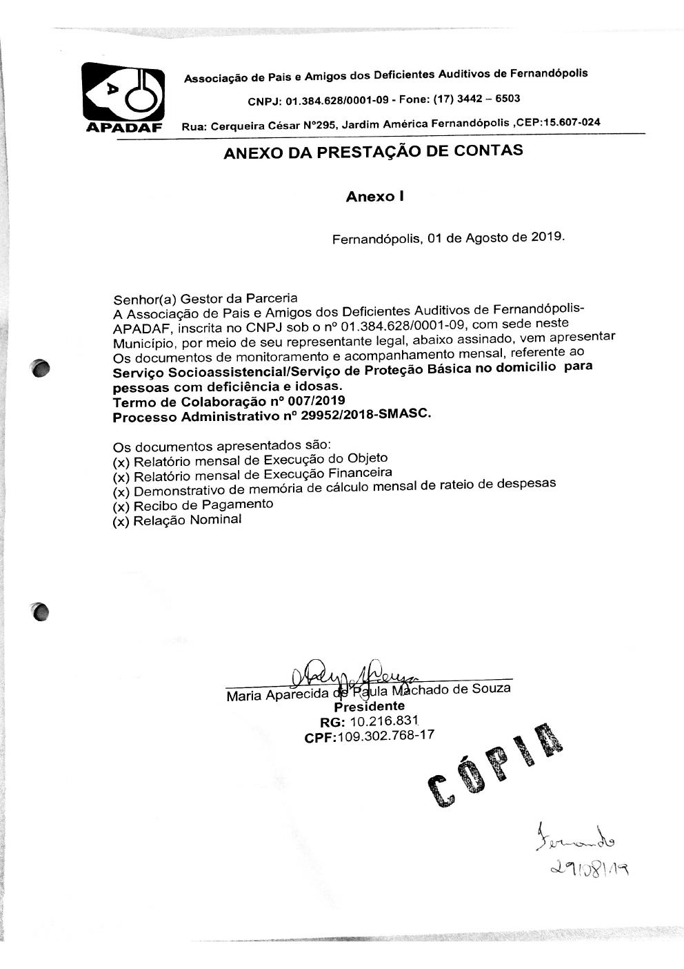 Página 1 de Prestação de Contas Mensal — Proteção Social Básica — 6ª Parcela — Agosto/2019