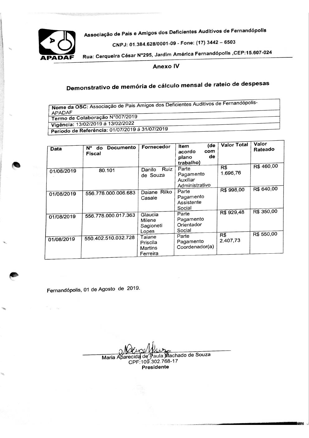 Página 2 de Prestação de Contas Mensal — Proteção Social Básica — 6ª Parcela — Agosto/2019