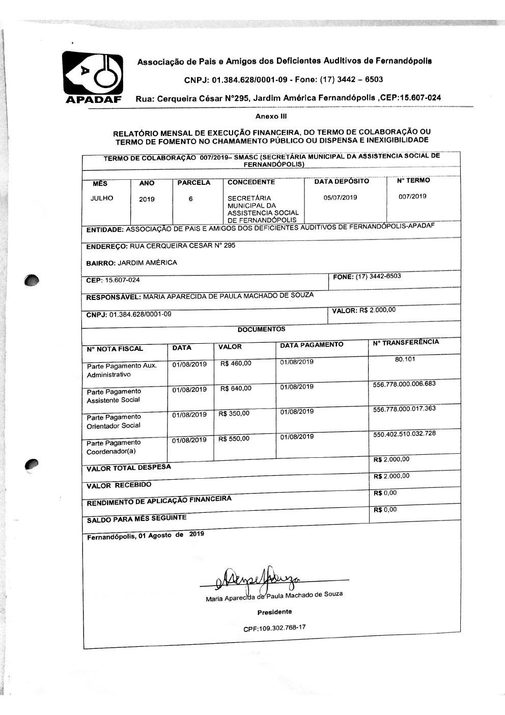 Página 4 de Prestação de Contas Mensal — Proteção Social Básica — 6ª Parcela — Agosto/2019