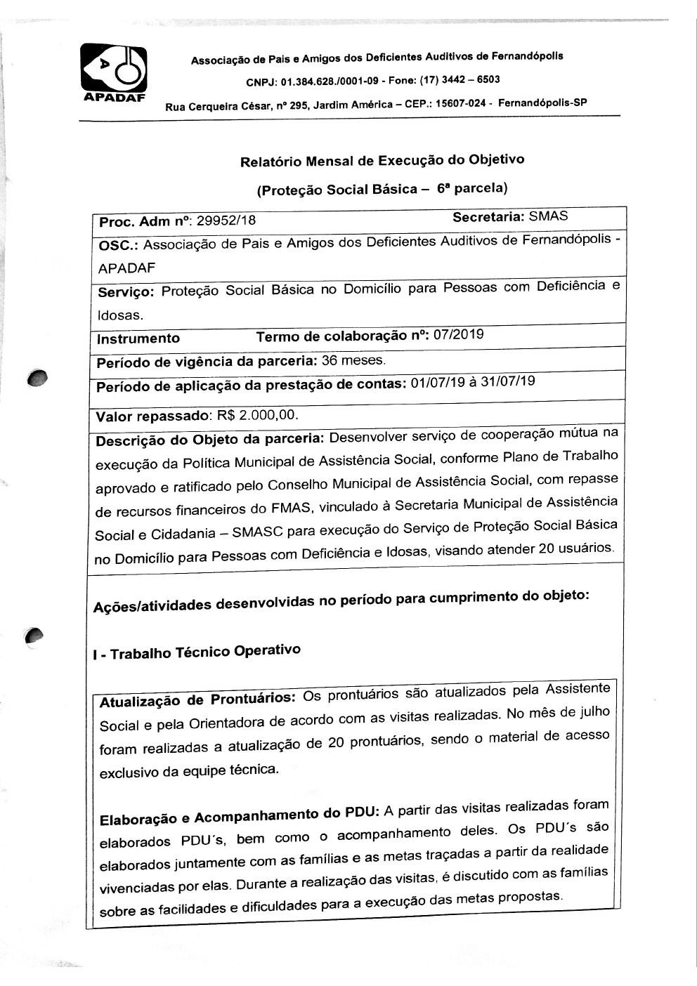 Página 5 de Prestação de Contas Mensal — Proteção Social Básica — 6ª Parcela — Agosto/2019