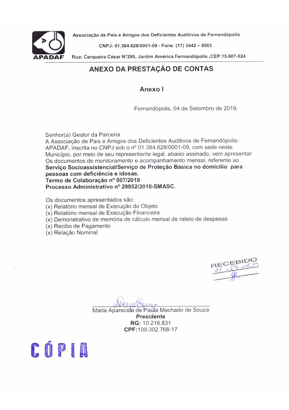 Página 1 de Prestação de Contas Mensal — Proteção Social Básica — Setembro/2019