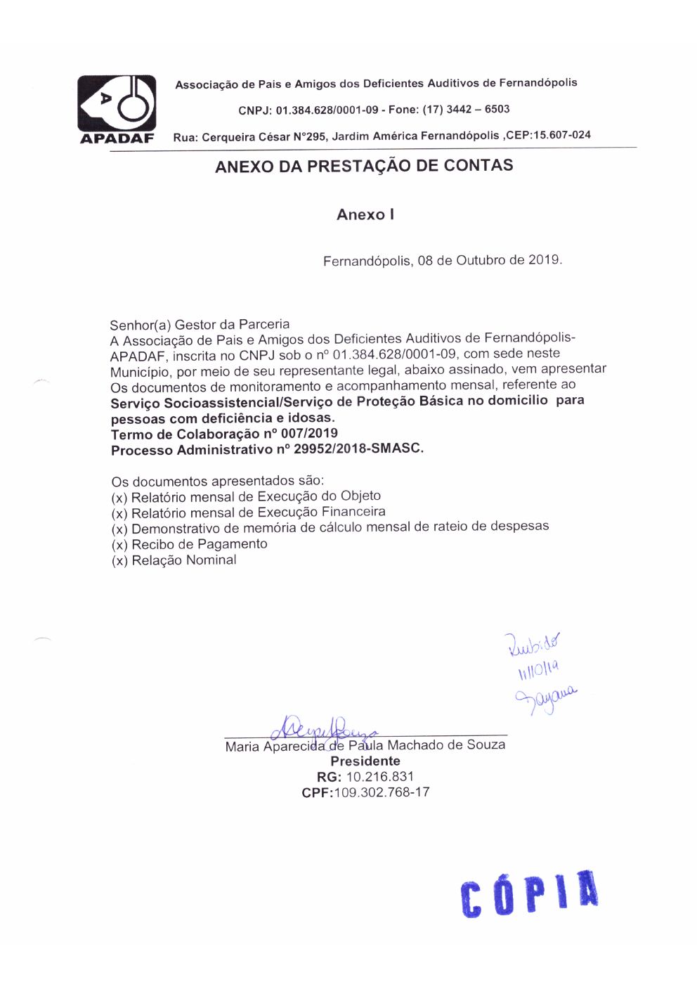Página 1 de Prestação de Contas Mensal — Proteção Social Básica — Outubro/2019