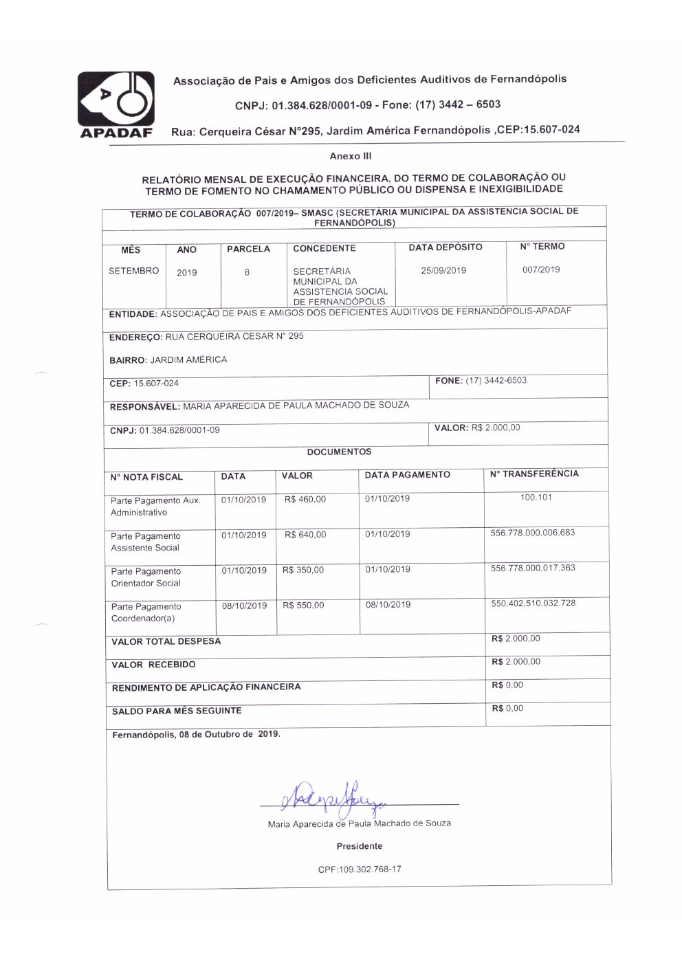 Página 4 de Prestação de Contas Mensal — Proteção Social Básica — Outubro/2019