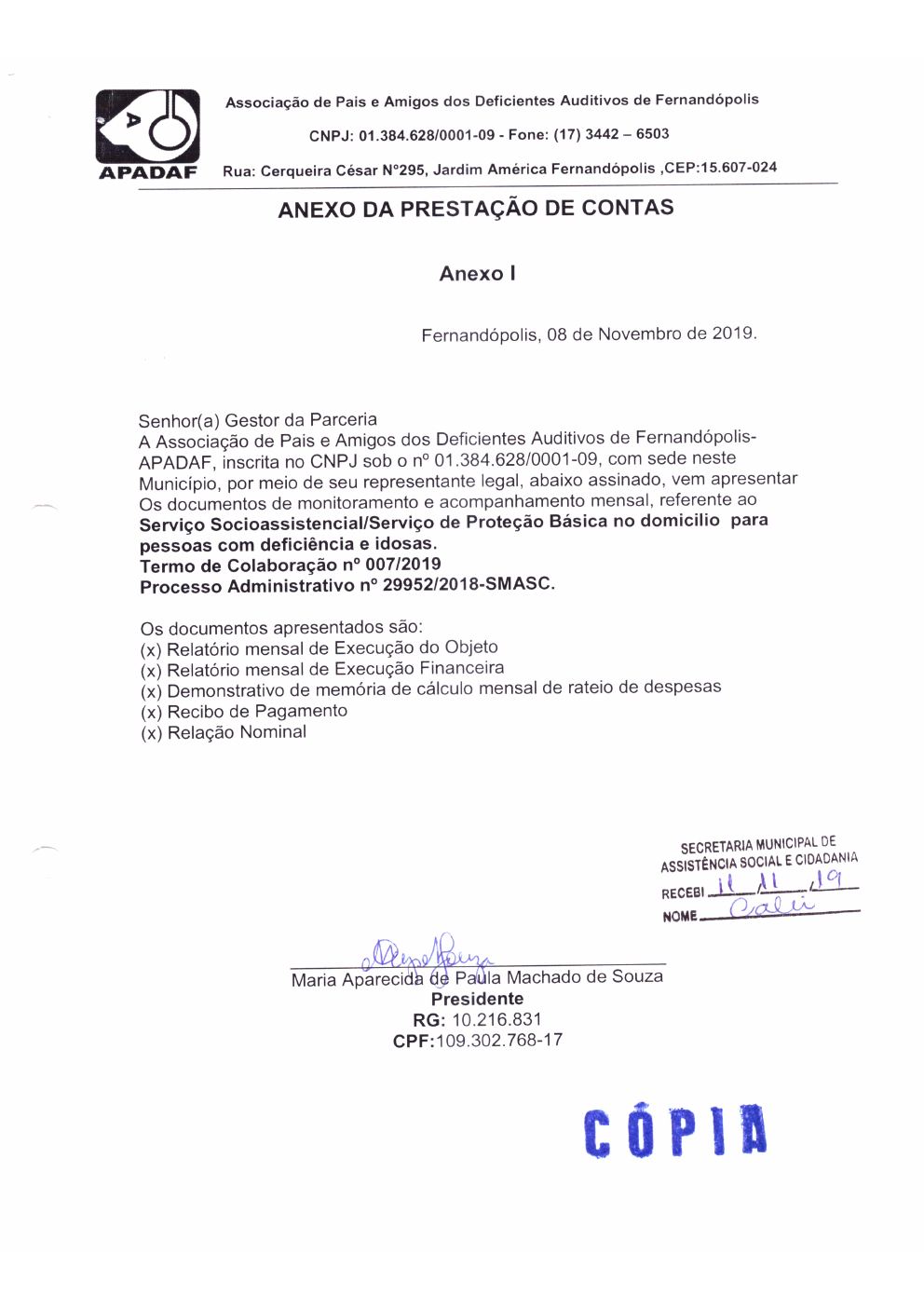 Página 1 de Prestação de Contas Mensal — Proteção Social Básica — Novembro/2019