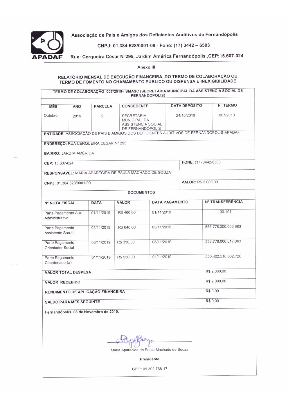 Página 4 de Prestação de Contas Mensal — Proteção Social Básica — Novembro/2019
