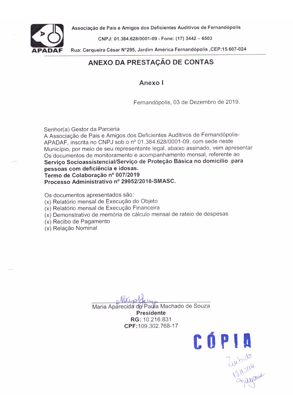 Página 1 de Prestação de Contas Mensal — Proteção Social Básica — Dezembro/2019