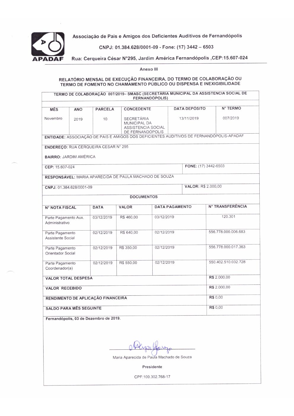 Página 4 de Prestação de Contas Mensal — Proteção Social Básica — Dezembro/2019