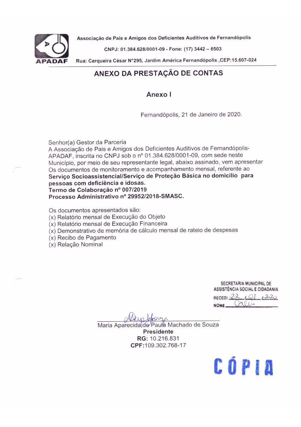 Página 1 de Prestação de Contas Mensal — Proteção Social Básica — Janeiro/2020