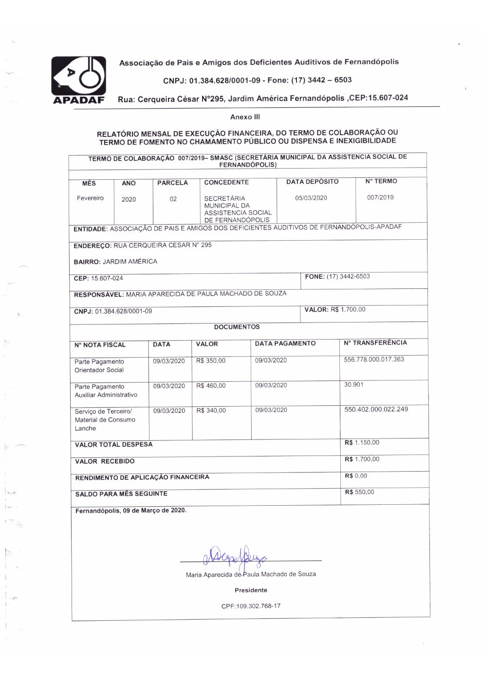 Página 2 de Prestação de Contas Mensal — Proteção Social Básica — Março/2020