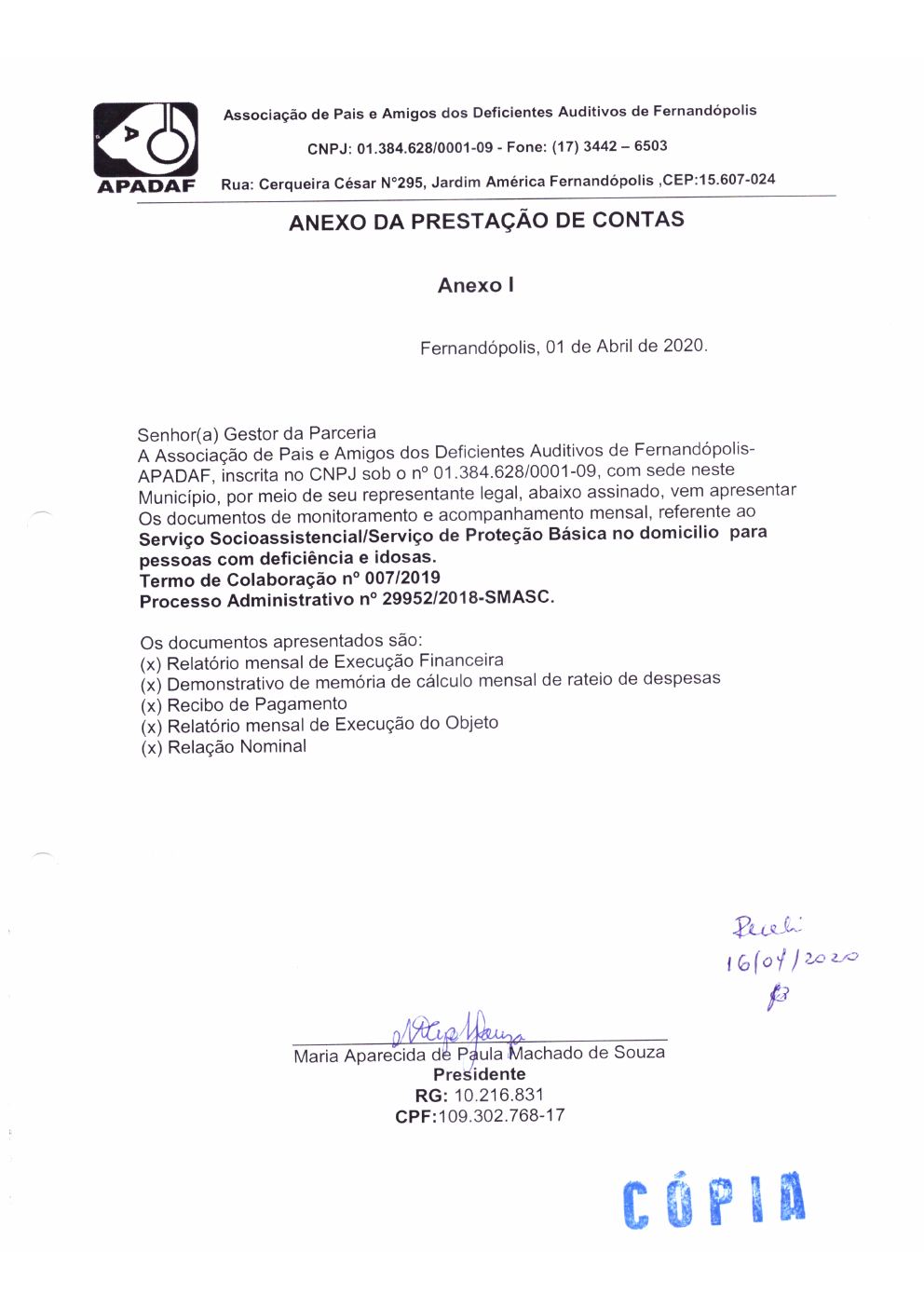 Página 1 de Prestação de Contas Mensal — Proteção Social Básica — Abril/2020