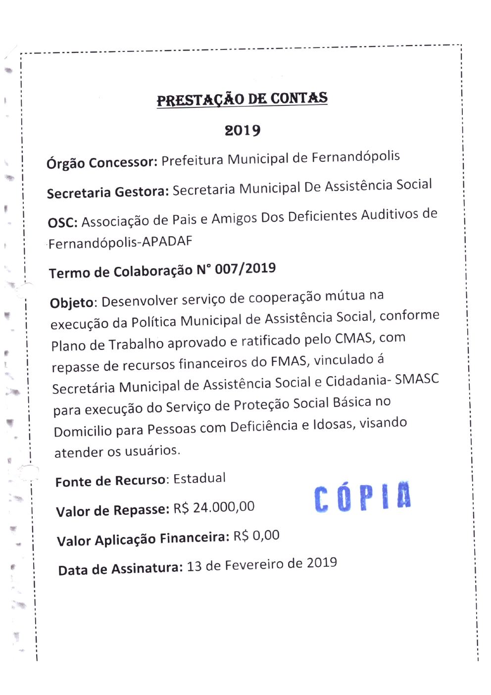 Página 1 de Prestação de Contas Anual — Proteção Social Básica — 2019 — Parte 1
