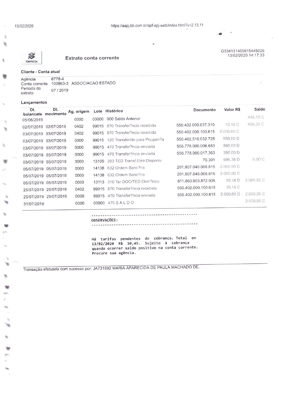 Página 1 de Prestação de Contas Anual — 2019 — Extratos Bancários