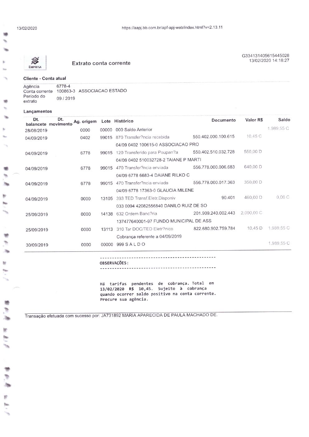 Página 11 de Prestação de Contas Anual — 2019 — Extratos Bancários