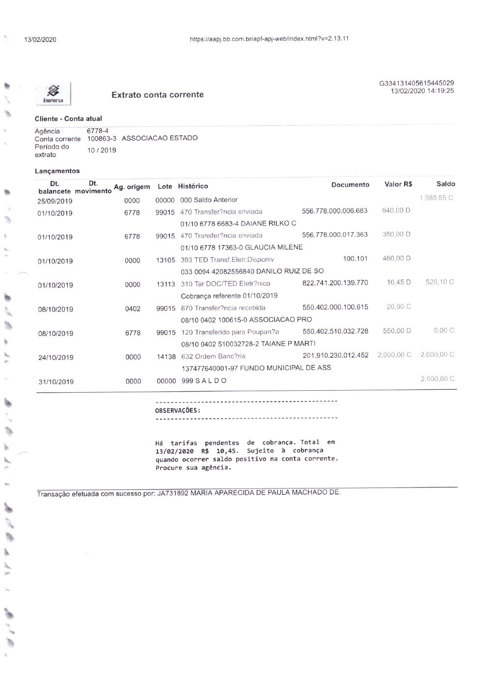 Página 16 de Prestação de Contas Anual — 2019 — Extratos Bancários