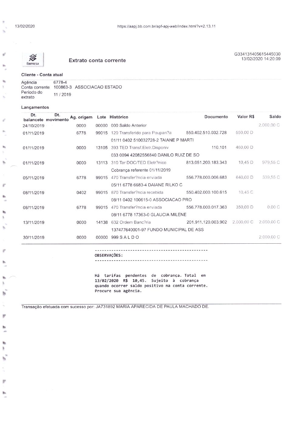 Página 21 de Prestação de Contas Anual — 2019 — Extratos Bancários