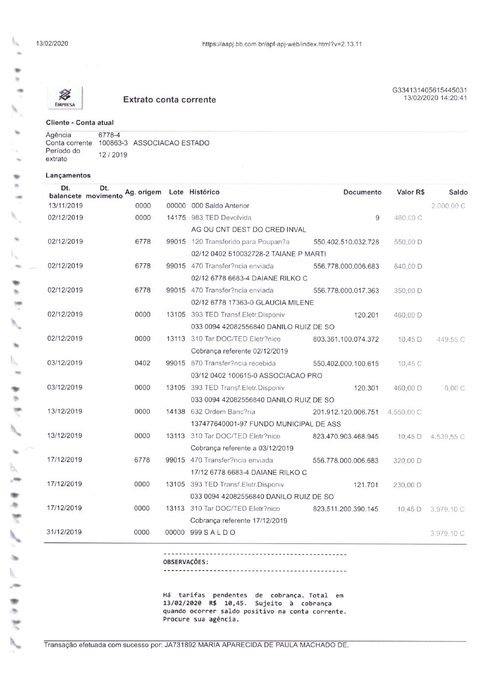 Página 26 de Prestação de Contas Anual — 2019 — Extratos Bancários