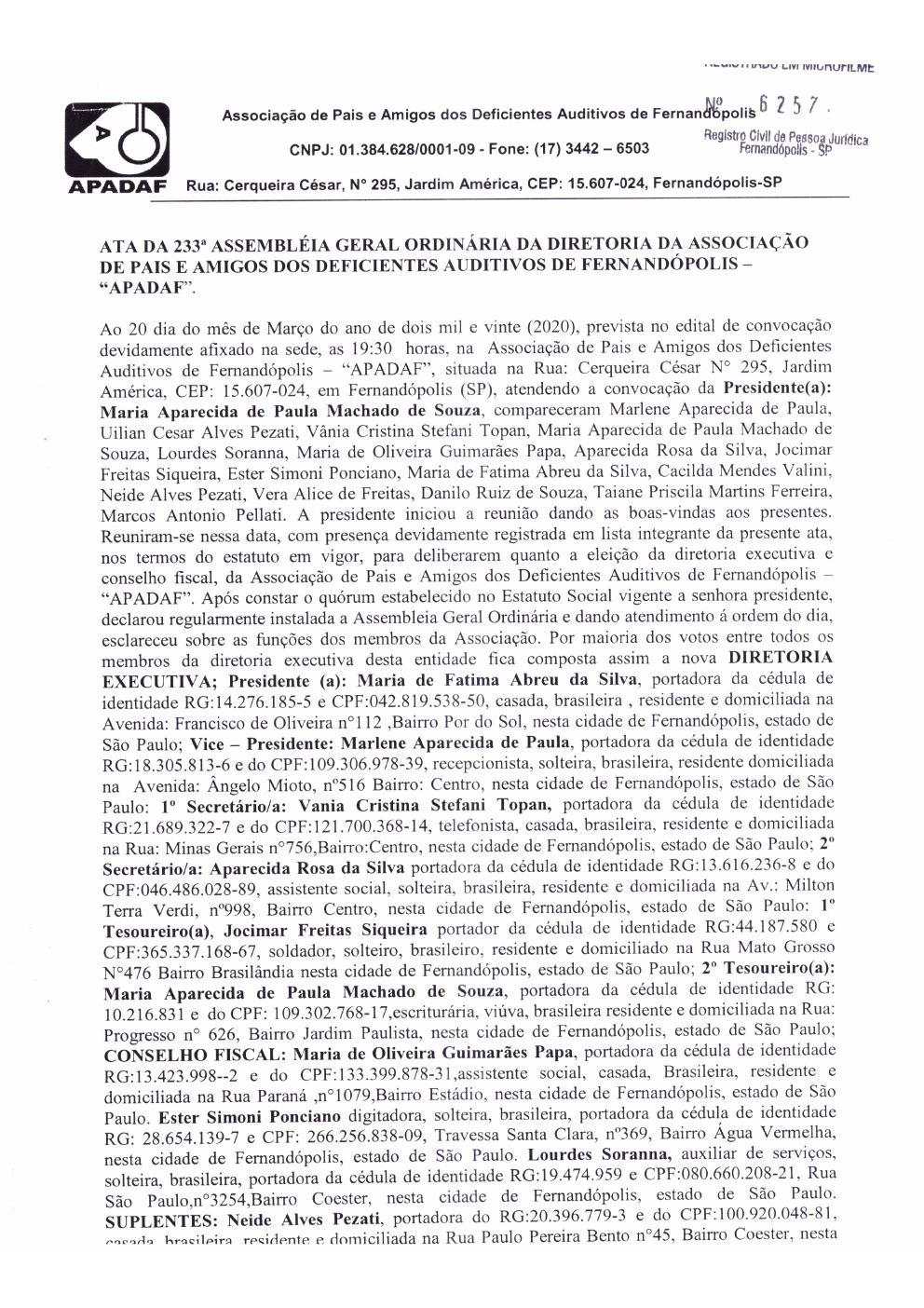 Página 1 de Ata da 233ª Assembleia Geral Ordinária — Eleição da Diretoria — 2020
