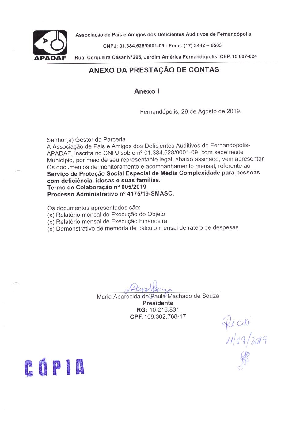Página 1 de Prestação de Contas Mensal — Média Complexidade — 7ª Parcela — Agosto/2019
