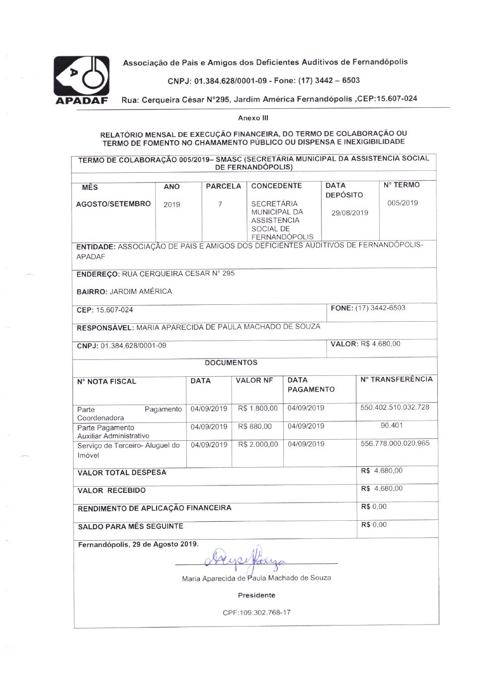 Página 4 de Prestação de Contas Mensal — Média Complexidade — 7ª Parcela — Agosto/2019