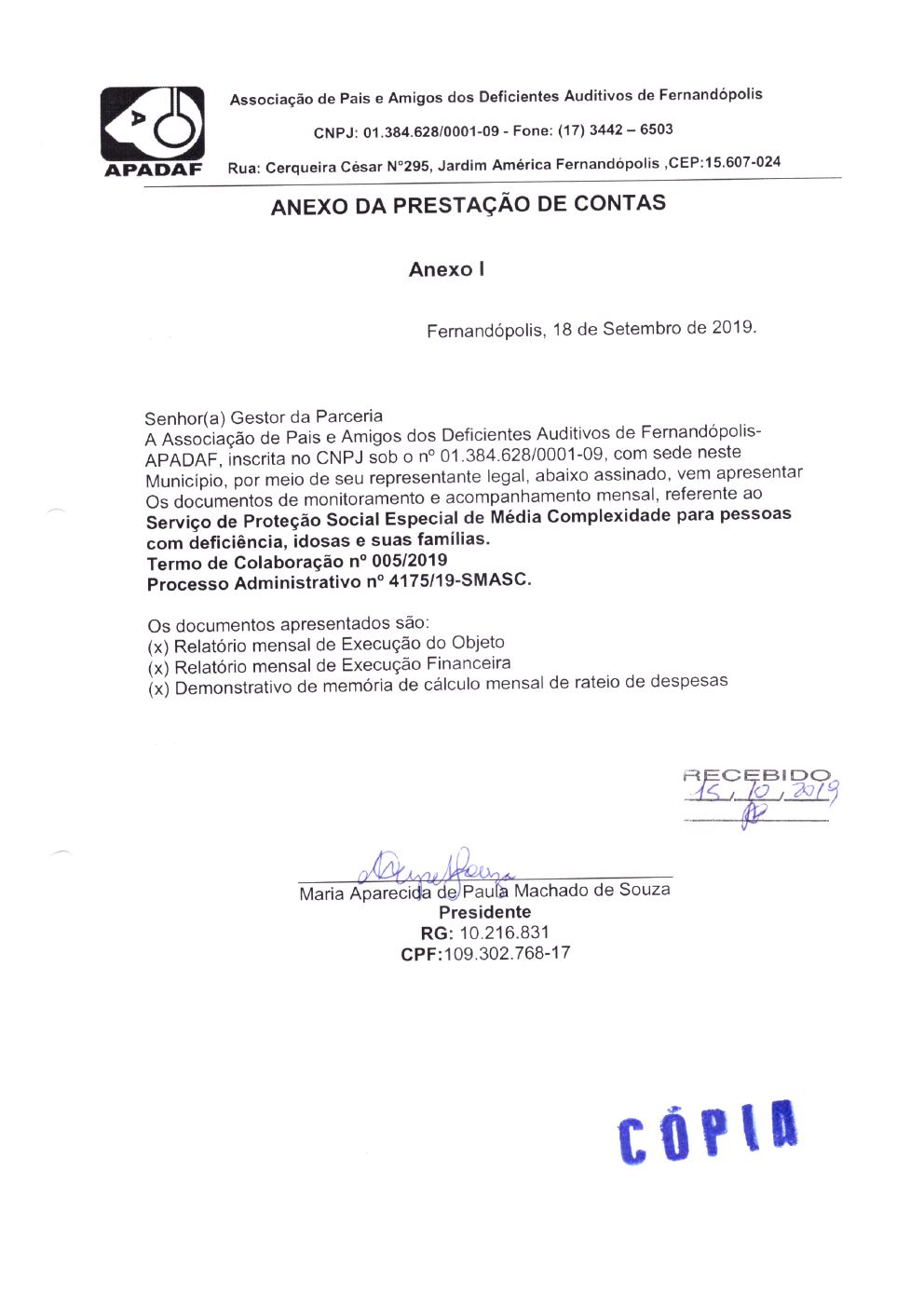 Página 1 de Prestação de Contas Mensal — Média Complexidade — 8ª Parcela — Setembro/2019