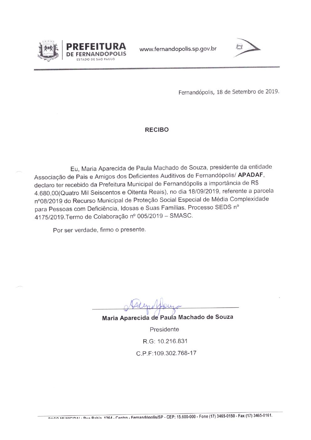 Página 3 de Prestação de Contas Mensal — Média Complexidade — 8ª Parcela — Setembro/2019