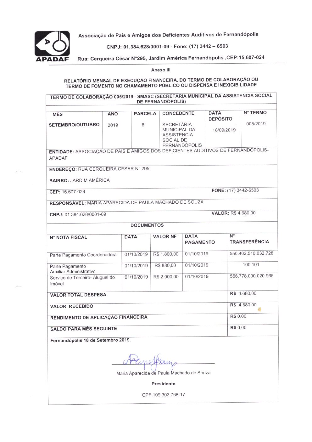 Página 4 de Prestação de Contas Mensal — Média Complexidade — 8ª Parcela — Setembro/2019