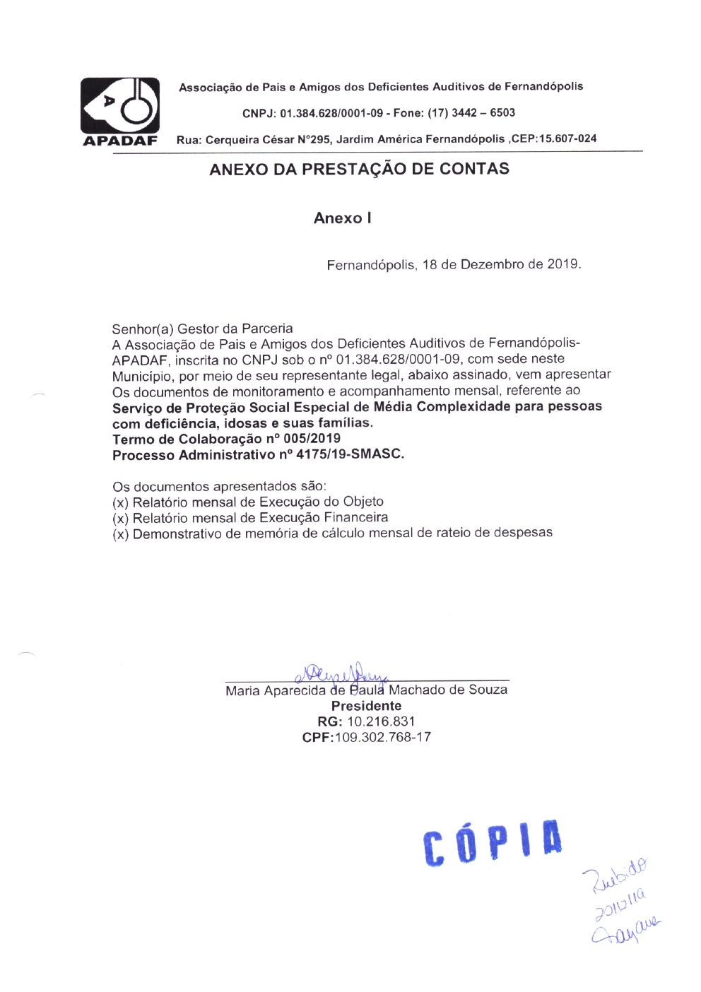 Página 1 de Prestação de Contas Mensal — Média Complexidade — 10ª Parcela — Dezembro/2019
