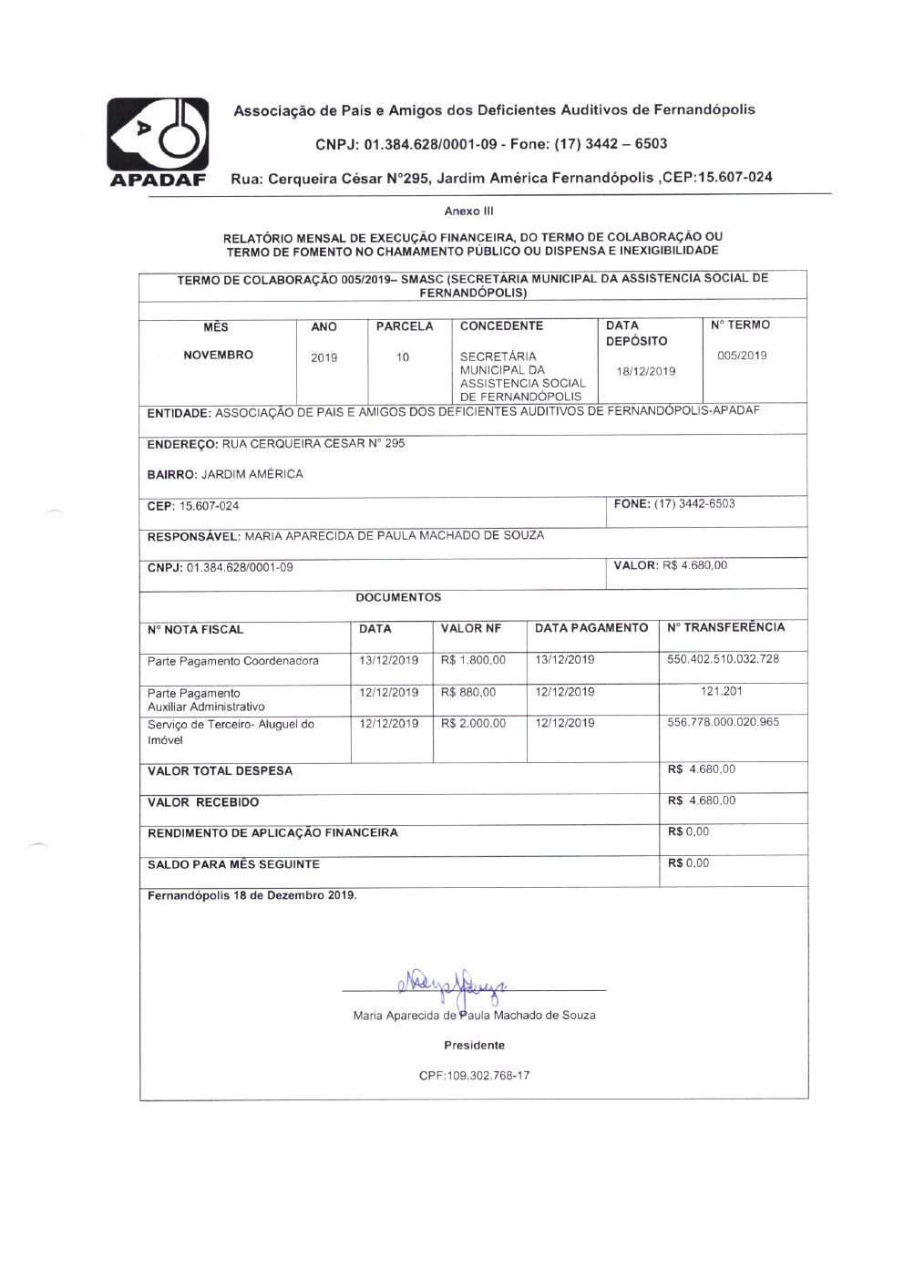 Página 4 de Prestação de Contas Mensal — Média Complexidade — 10ª Parcela — Dezembro/2019