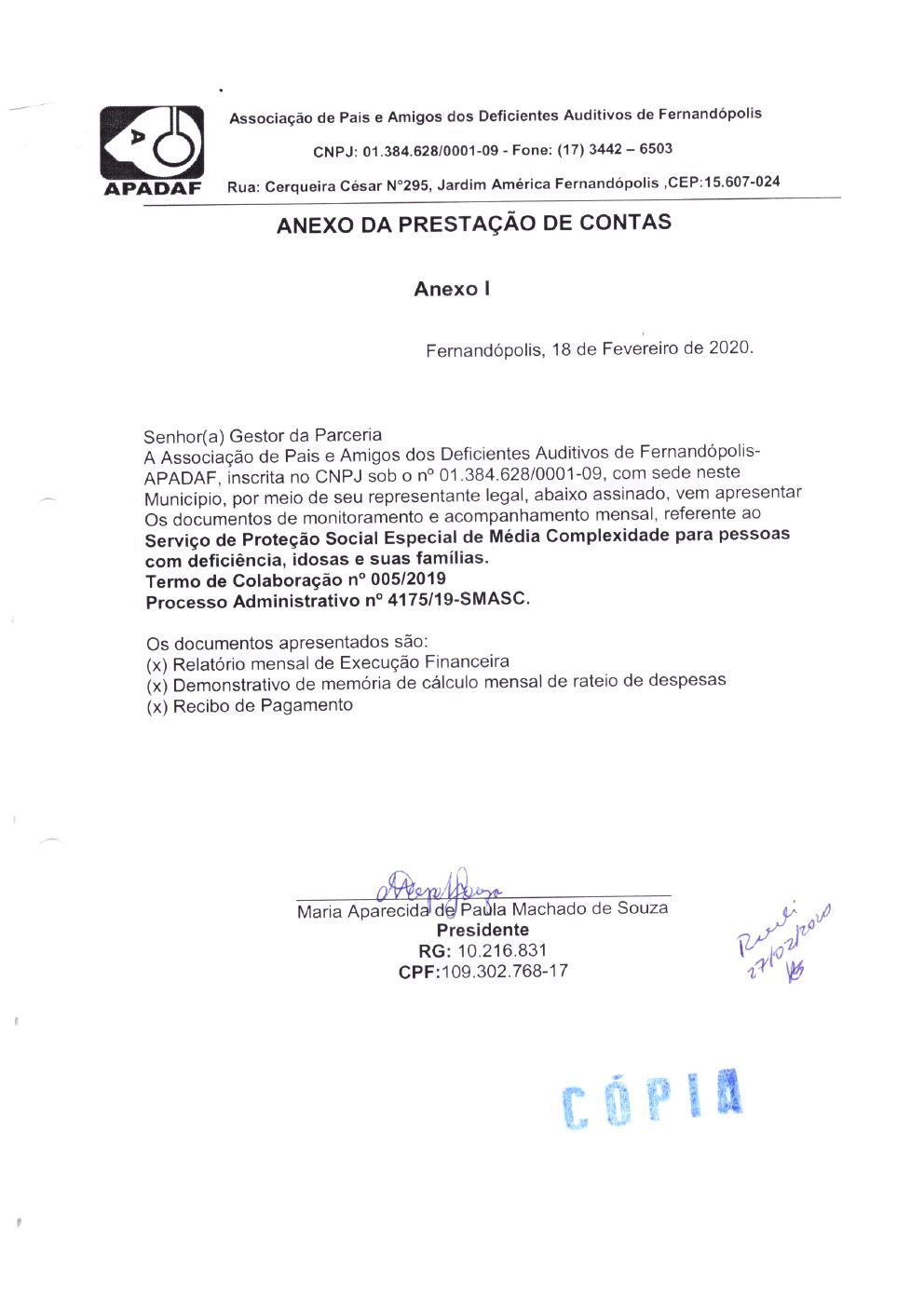 Página 1 de Prestação de Contas Mensal — Média Complexidade — 1ª Parcela — Fevereiro/2020