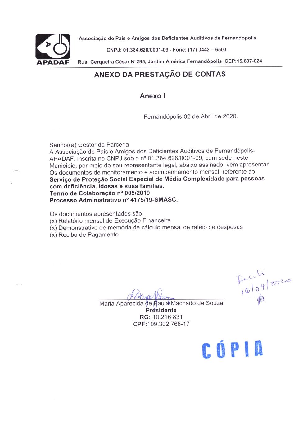 Página 1 de Prestação de Contas Mensal — Média Complexidade — 3ª Parcela — Abril/2020