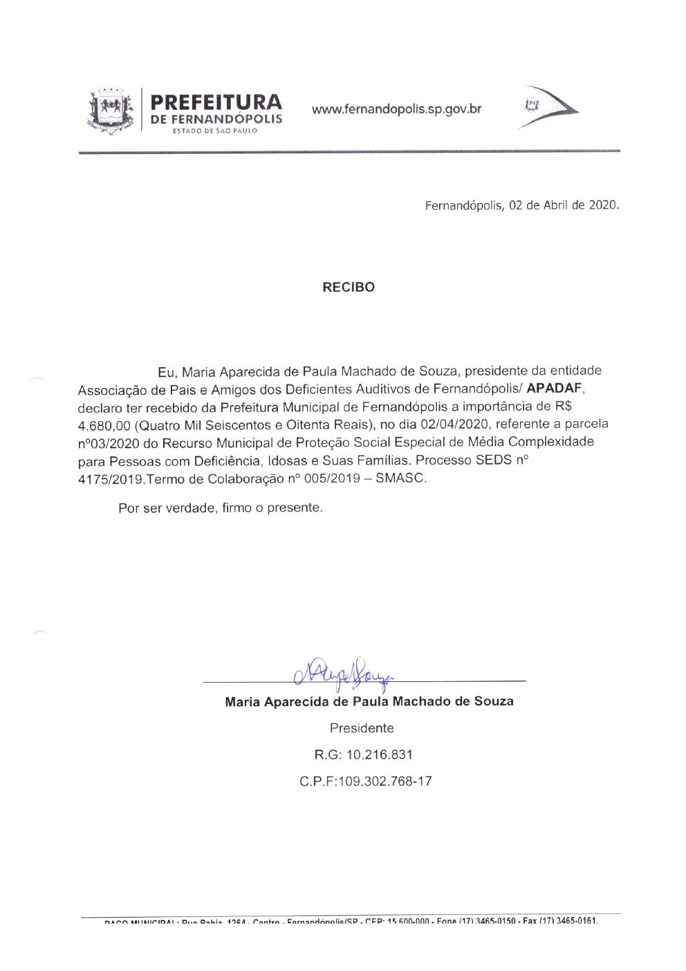 Página 4 de Prestação de Contas Mensal — Média Complexidade — 3ª Parcela — Abril/2020