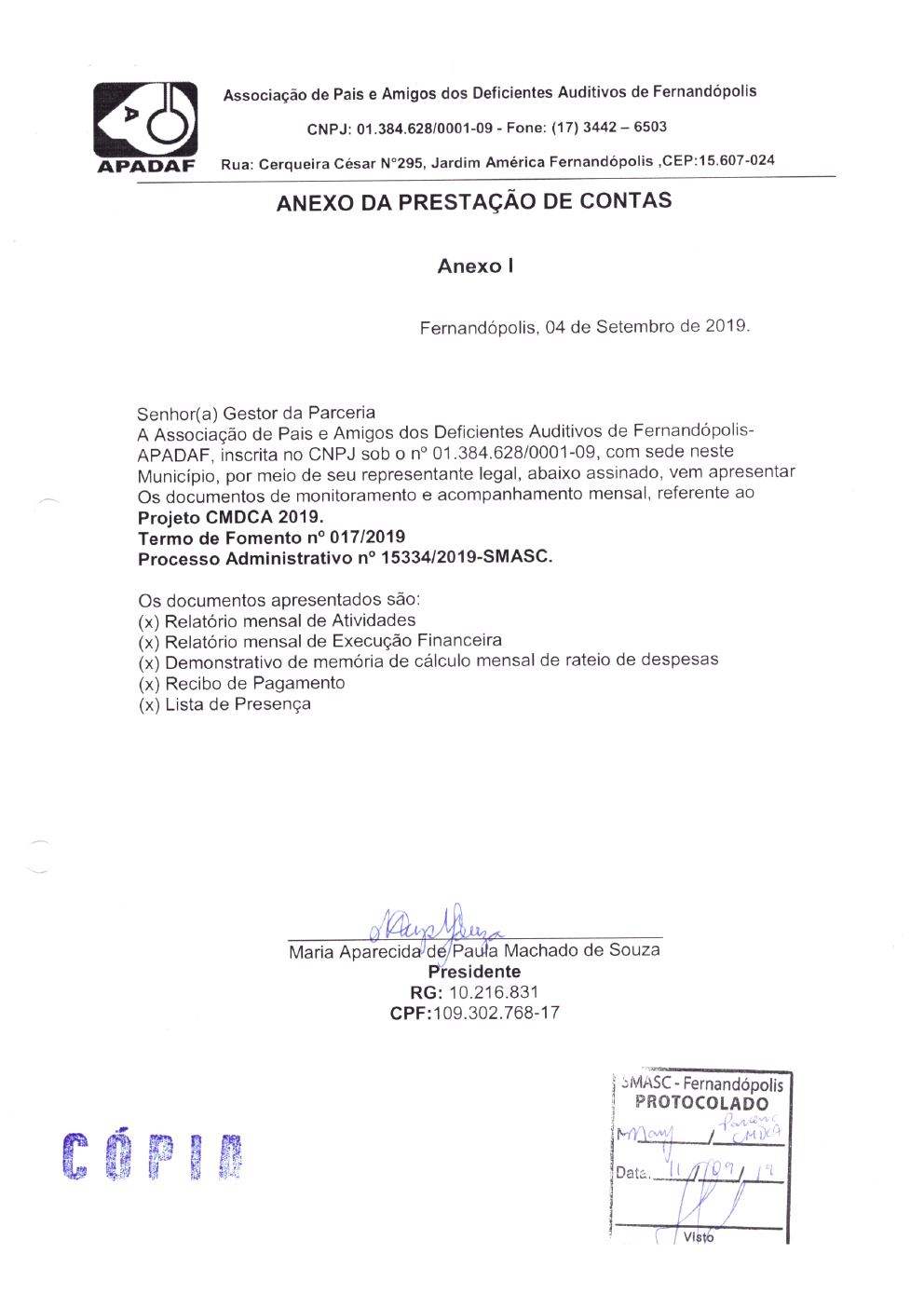 Página 1 de Prestação de Contas Mensal — Projeto CMDCA — 1ª Parcela — Setembro/2019