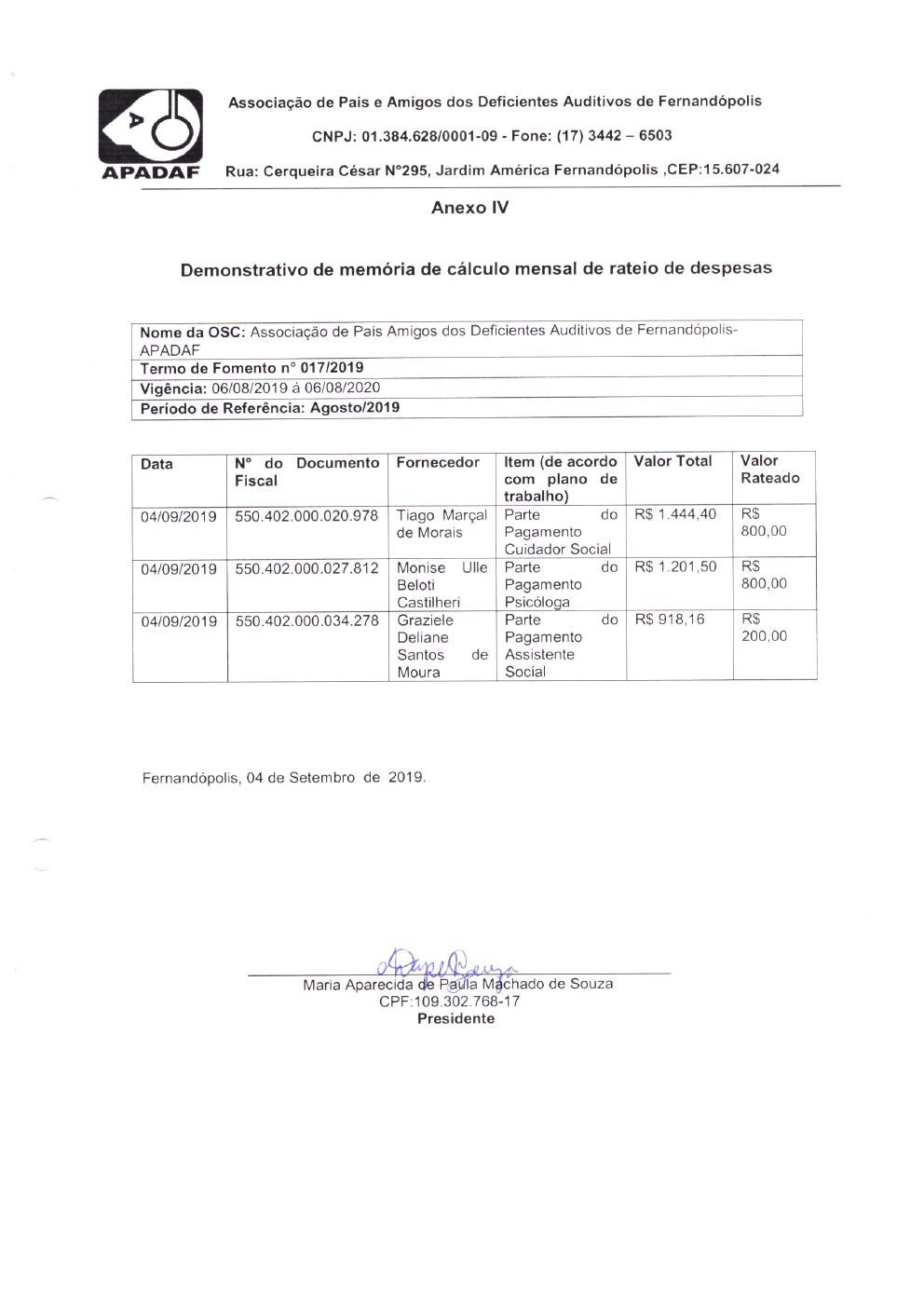 Página 2 de Prestação de Contas Mensal — Projeto CMDCA — 1ª Parcela — Setembro/2019