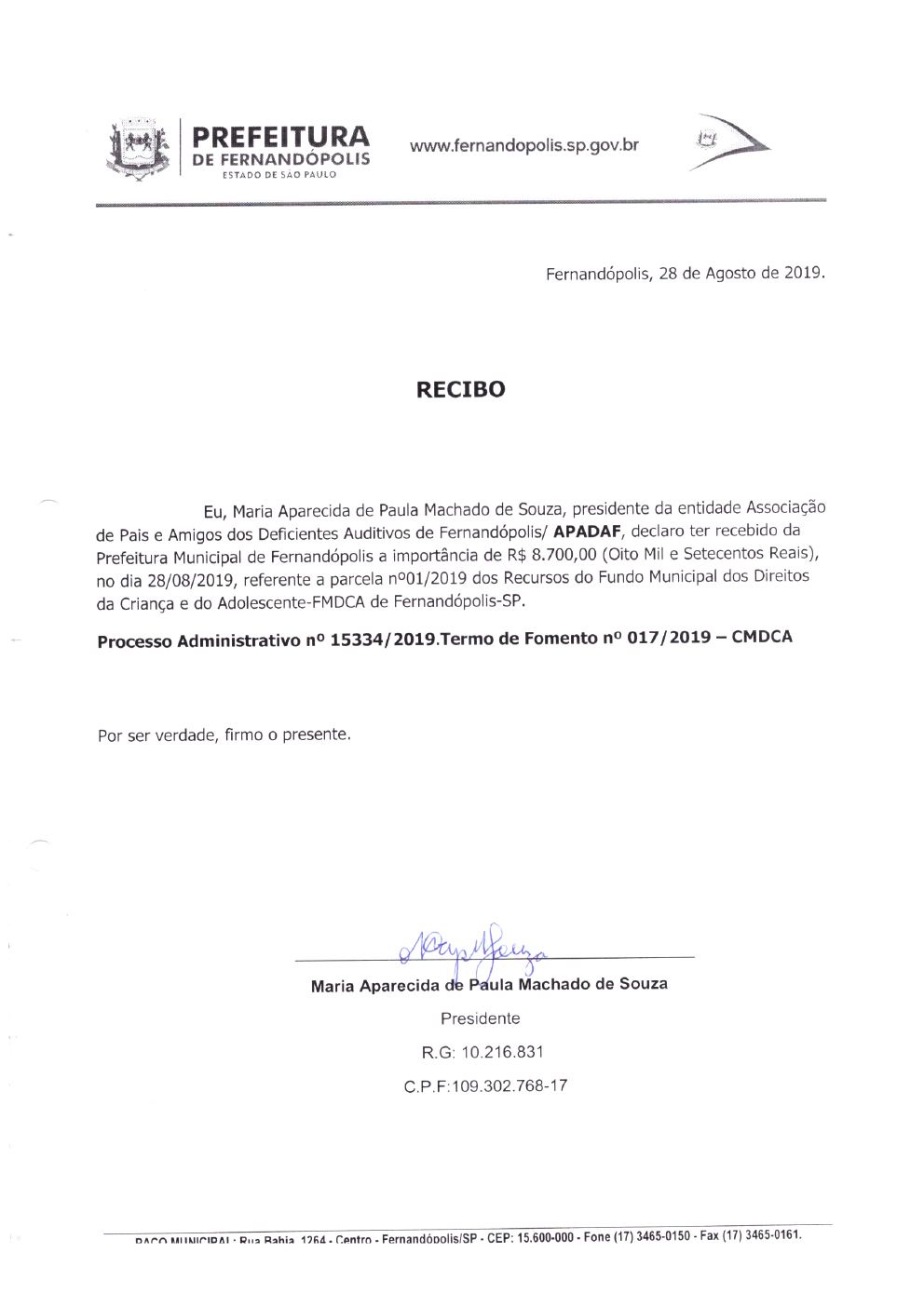 Página 3 de Prestação de Contas Mensal — Projeto CMDCA — 1ª Parcela — Setembro/2019