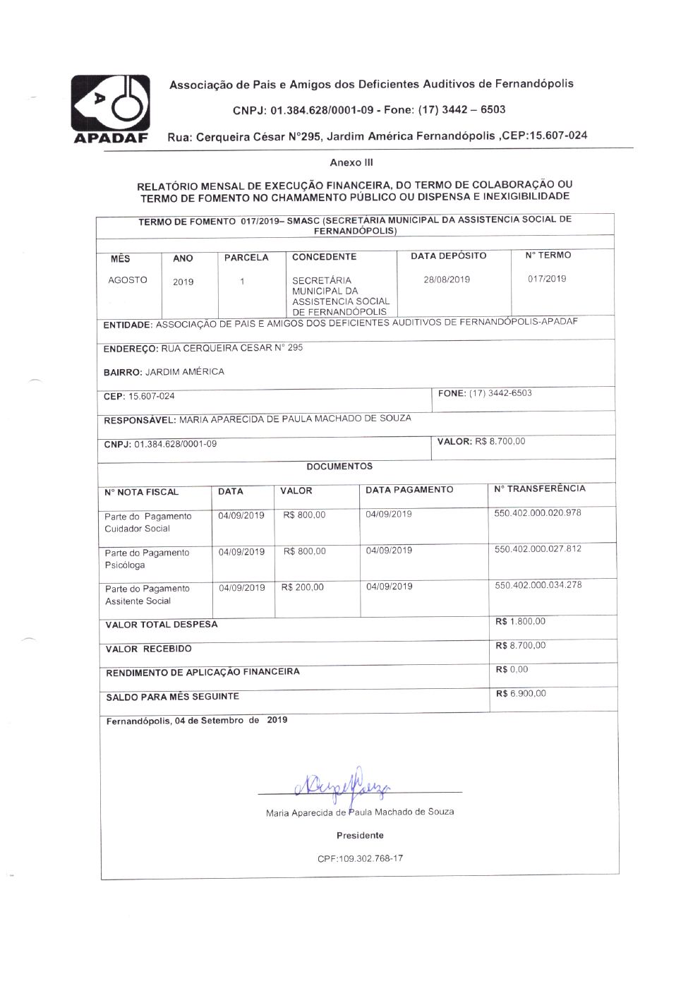 Página 4 de Prestação de Contas Mensal — Projeto CMDCA — 1ª Parcela — Setembro/2019