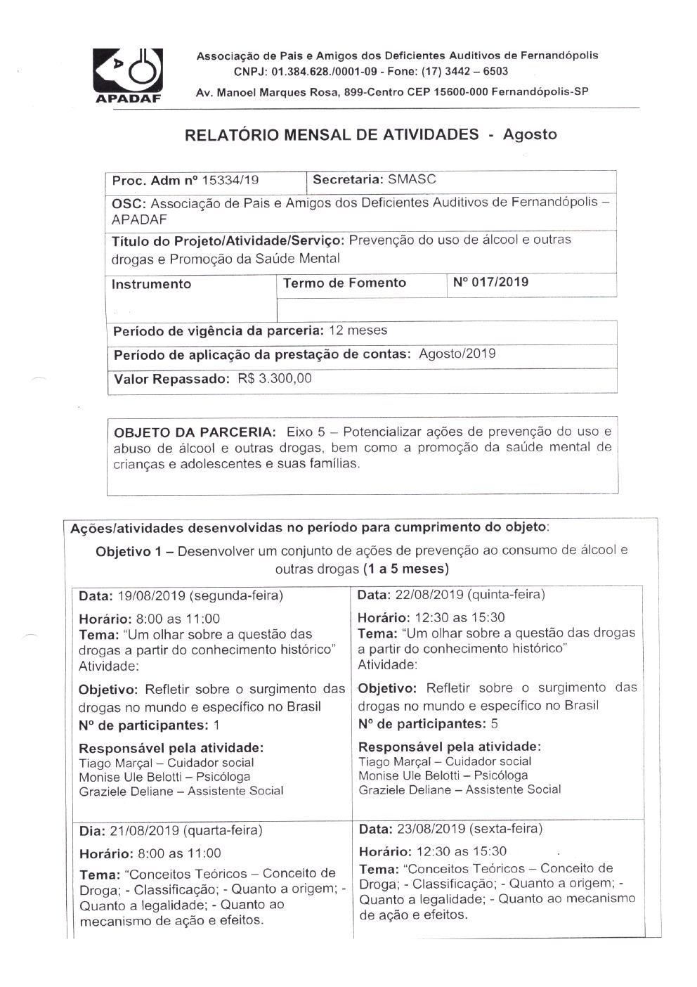 Página 5 de Prestação de Contas Mensal — Projeto CMDCA — 1ª Parcela — Setembro/2019