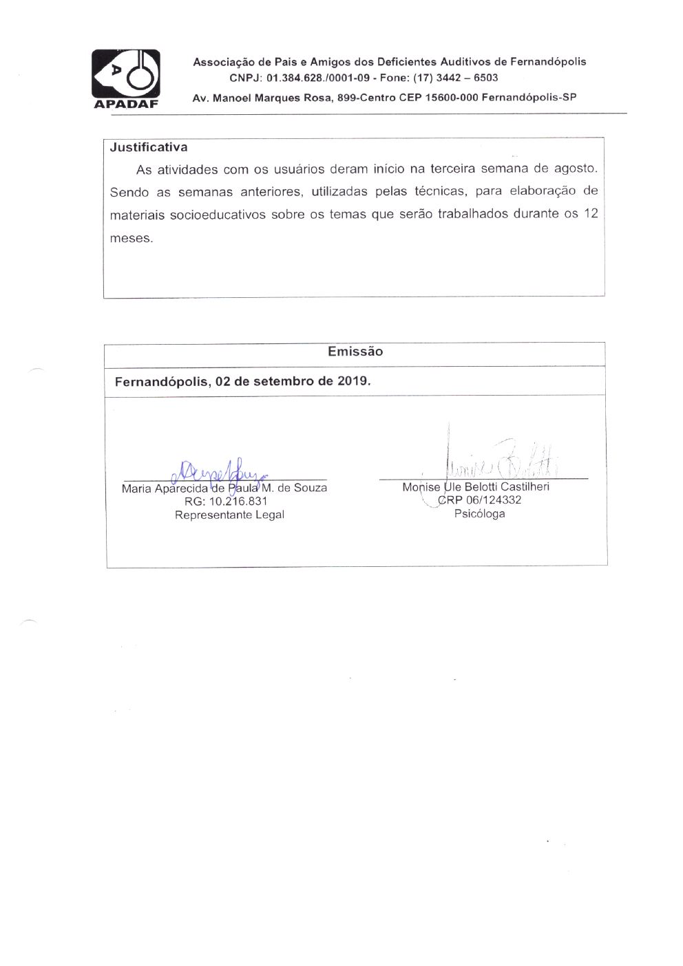 Página 7 de Prestação de Contas Mensal — Projeto CMDCA — 1ª Parcela — Setembro/2019