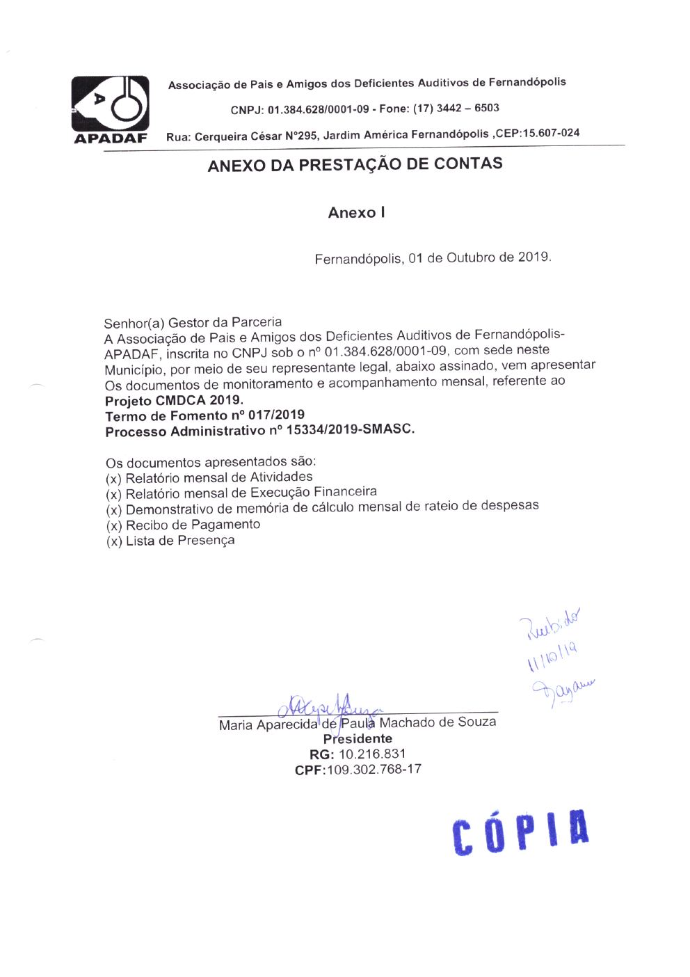 Página 1 de Prestação de Contas Mensal — Projeto CMDCA — 2ª Parcela — Outubro/2019