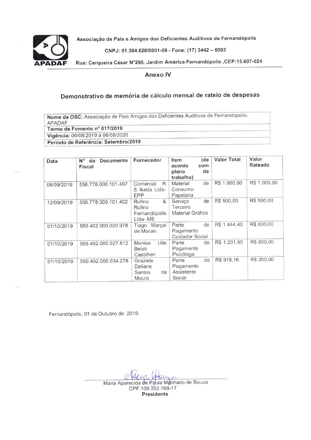 Página 2 de Prestação de Contas Mensal — Projeto CMDCA — 2ª Parcela — Outubro/2019