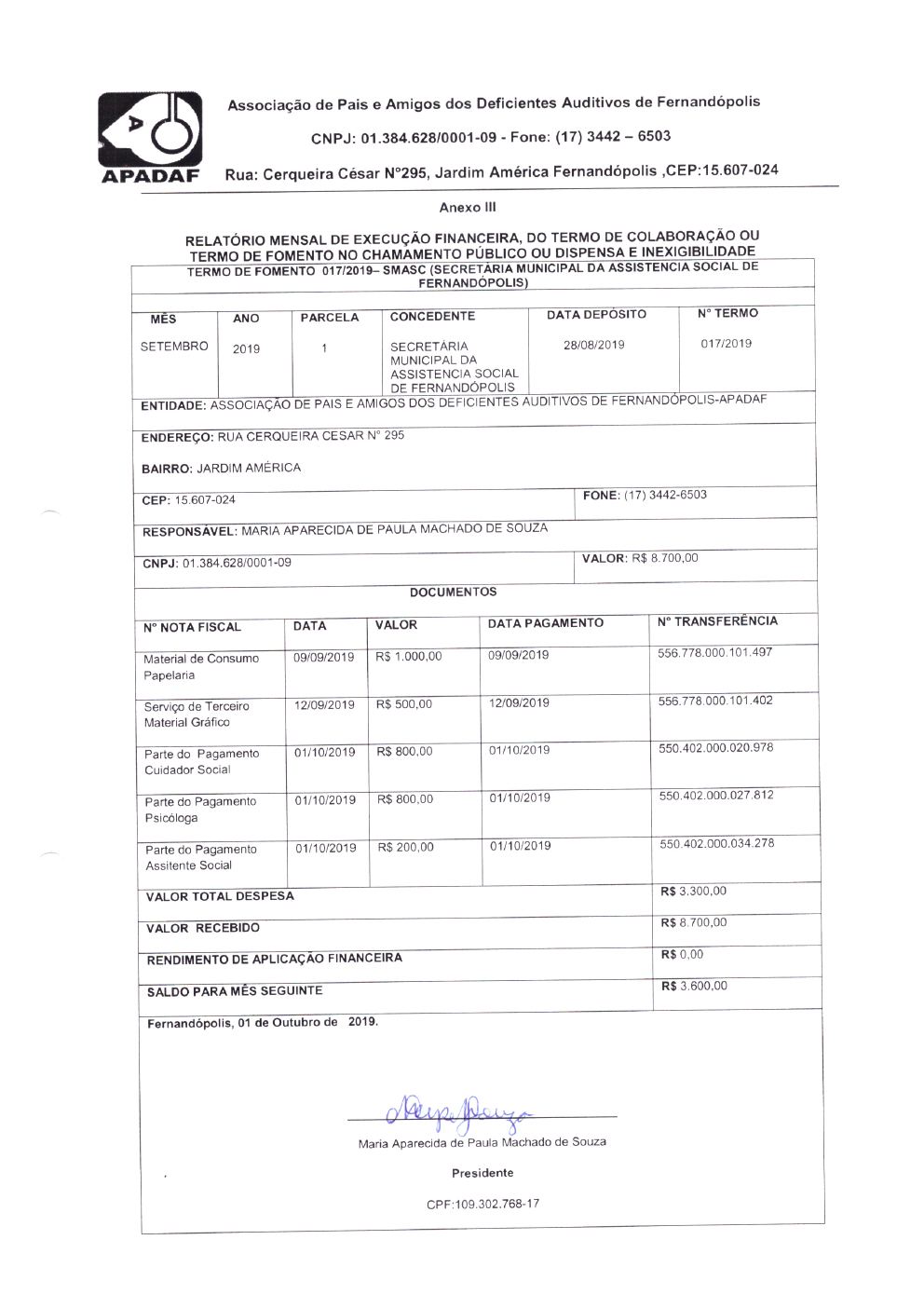 Página 3 de Prestação de Contas Mensal — Projeto CMDCA — 2ª Parcela — Outubro/2019