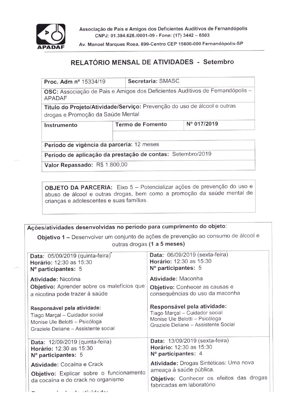 Página 4 de Prestação de Contas Mensal — Projeto CMDCA — 2ª Parcela — Outubro/2019